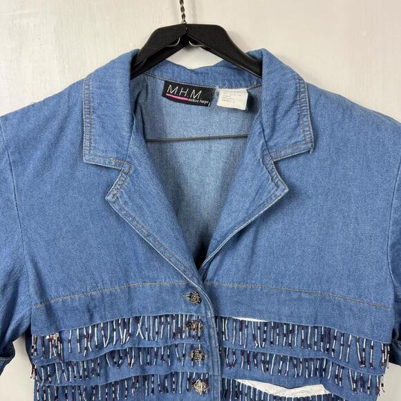 Vintage M.H.M. Melissa Harpe Denim Bead Fringe Western Y2K Button Front Size 10 - Picture 5 of 11